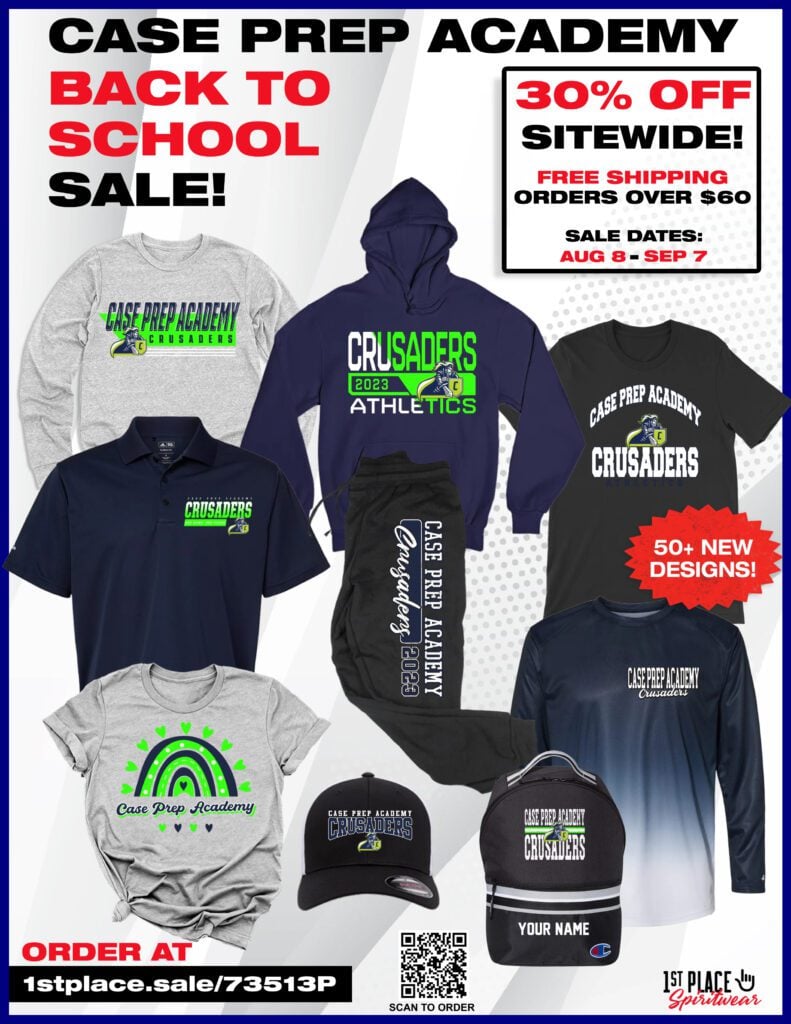 Flyer for Case Prep Academy back-to-school apparel sale.